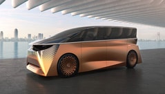 Futuristic gold Nissan vehicle, side view